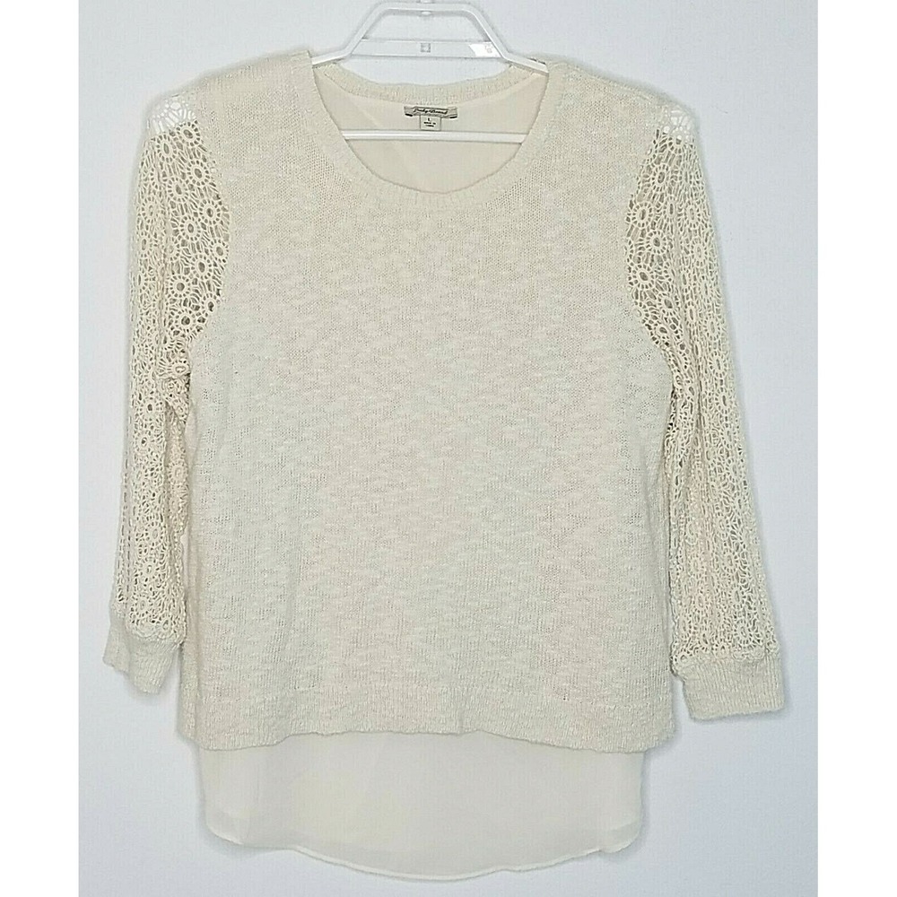 Lucky Brand Sweater Large L/S Ivory Linen Blend Crochet Layer Round Neck Tunic